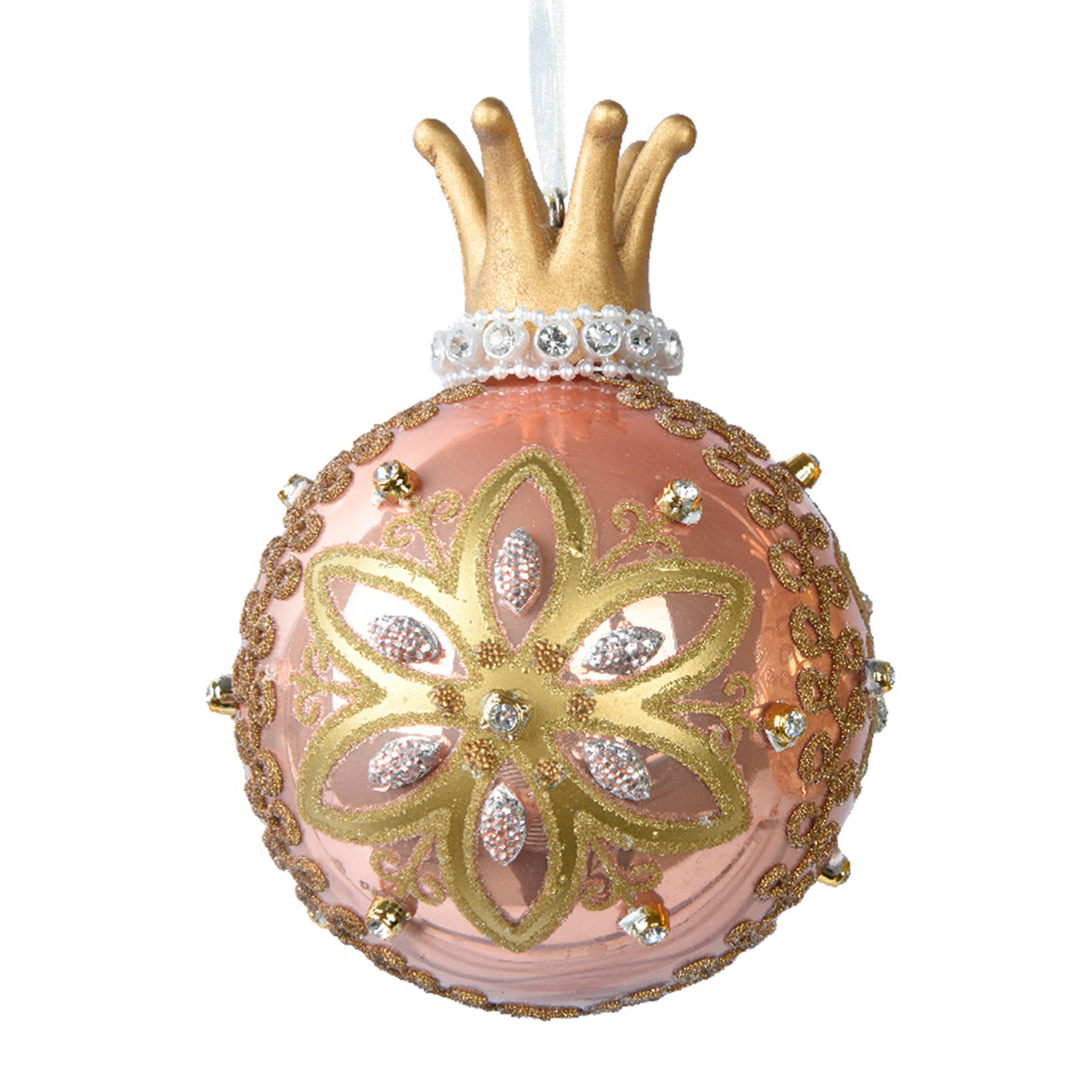 Шар стекло розовый эмаль с короной и стразами d8х11см