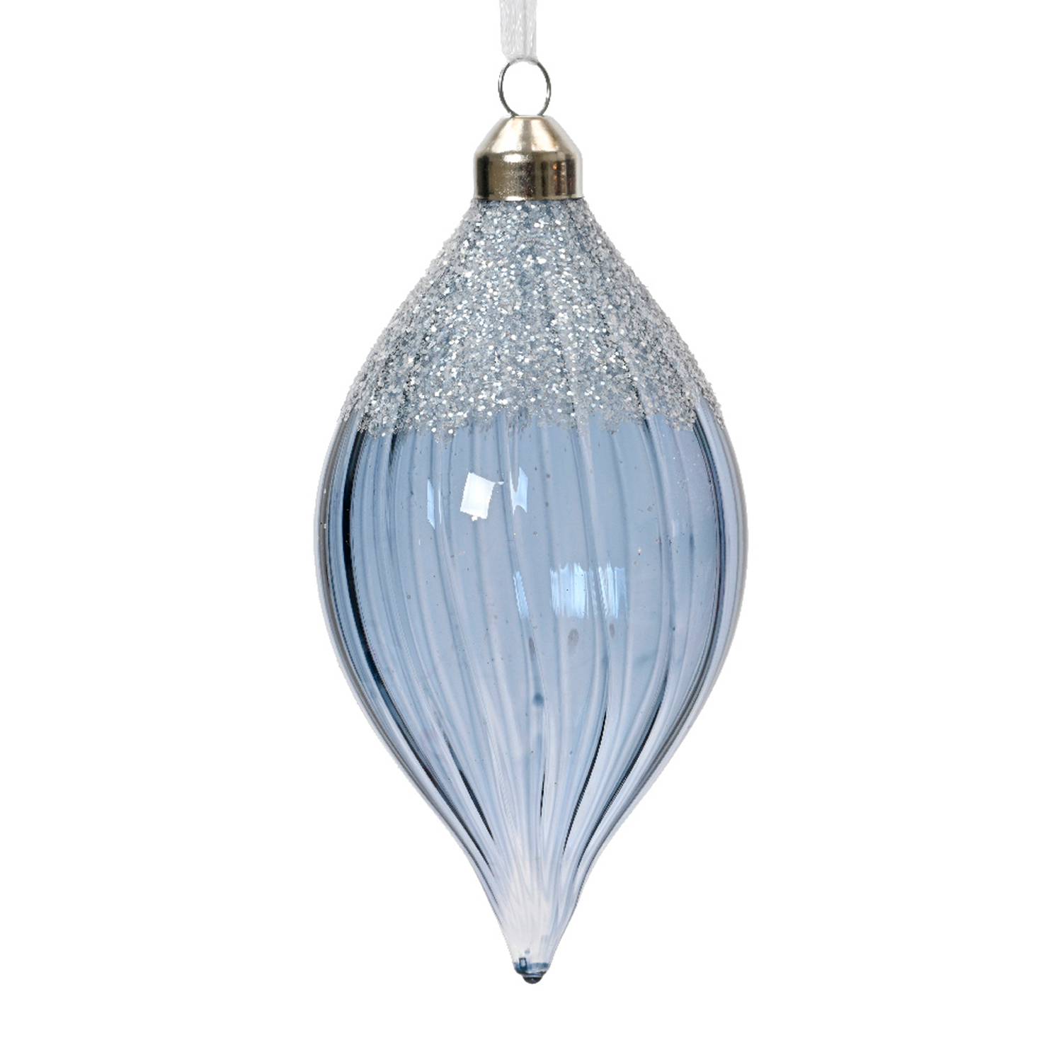 Декор Олива стекло прозрачная голубая с блестками d6,5х11см