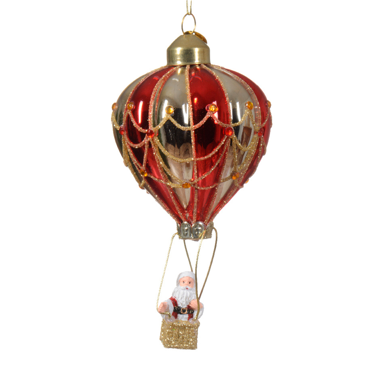Декор Воздушный шар с Дедом Морозом стекло золотистокрасный со стразами d7,5х14см