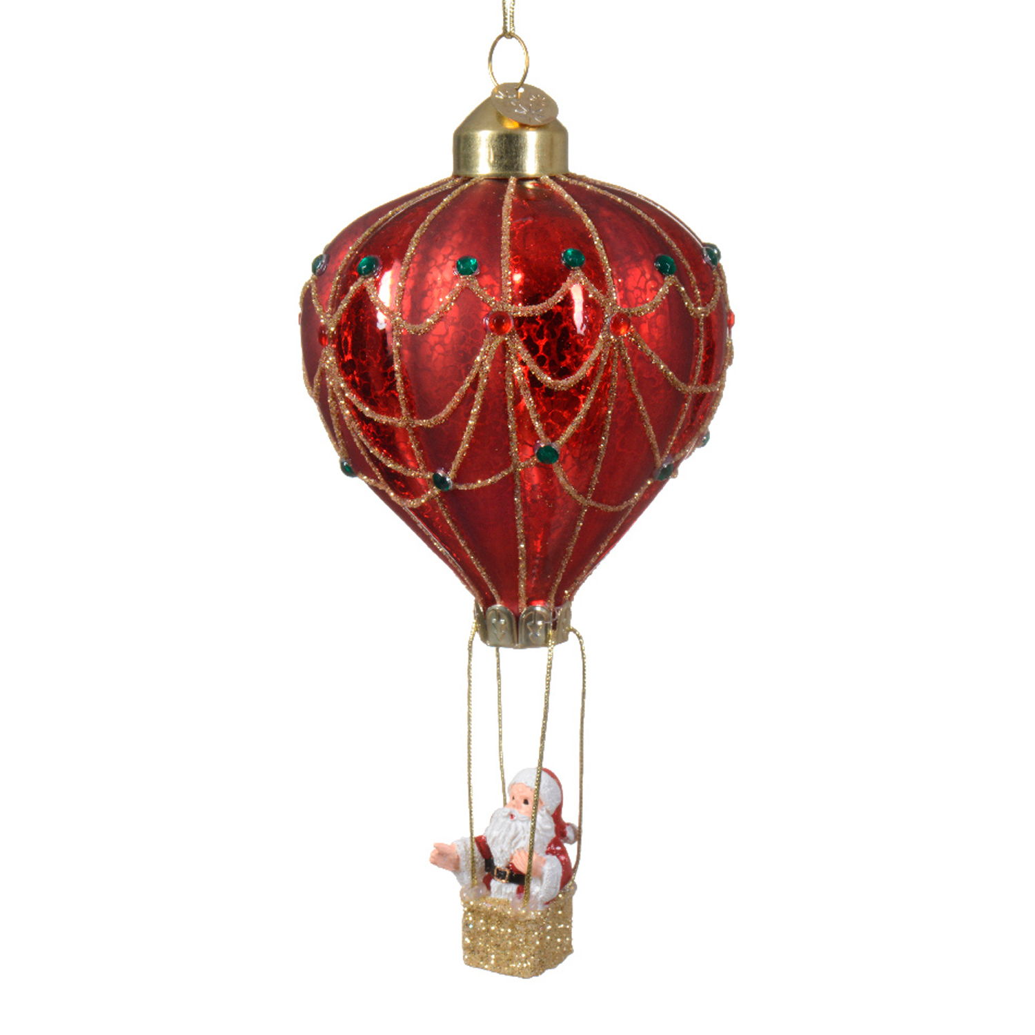 Декор Воздушный шар с Дедом Морозом стекло красный со стразами d7,5х14см