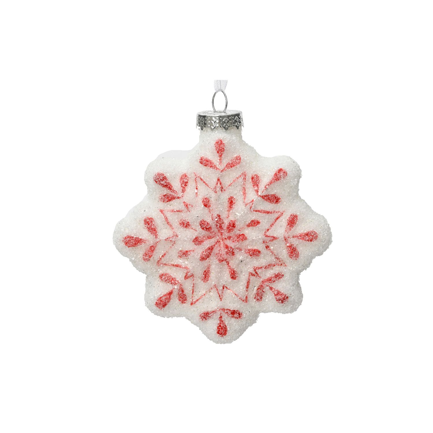 Декор Снежинка стекло красно-белый орнамент d9,5см