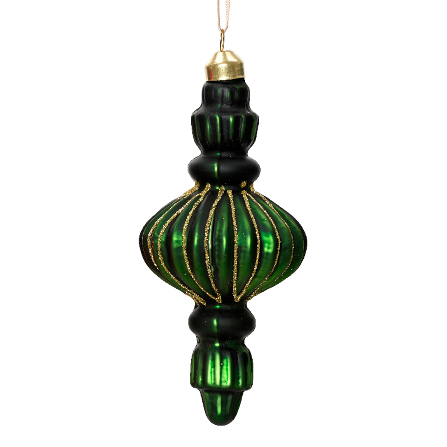 Декор Подвеска стекло зеленая с золотистым узором d6х15см