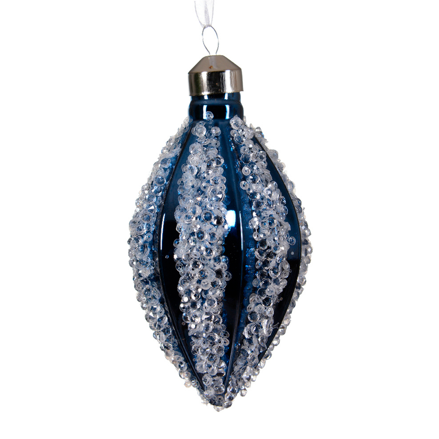 Декор Олива стекло синяя эмаль с серебристыми полосами из бисера d6,5х12см