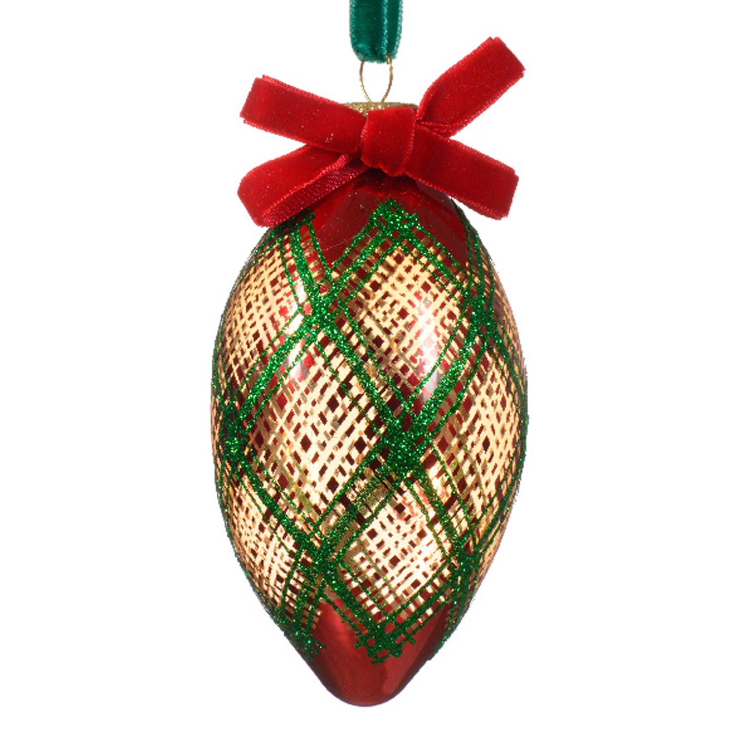 Декор Олива стекло в красно-зеленую клетку с золотистым плетением d8см