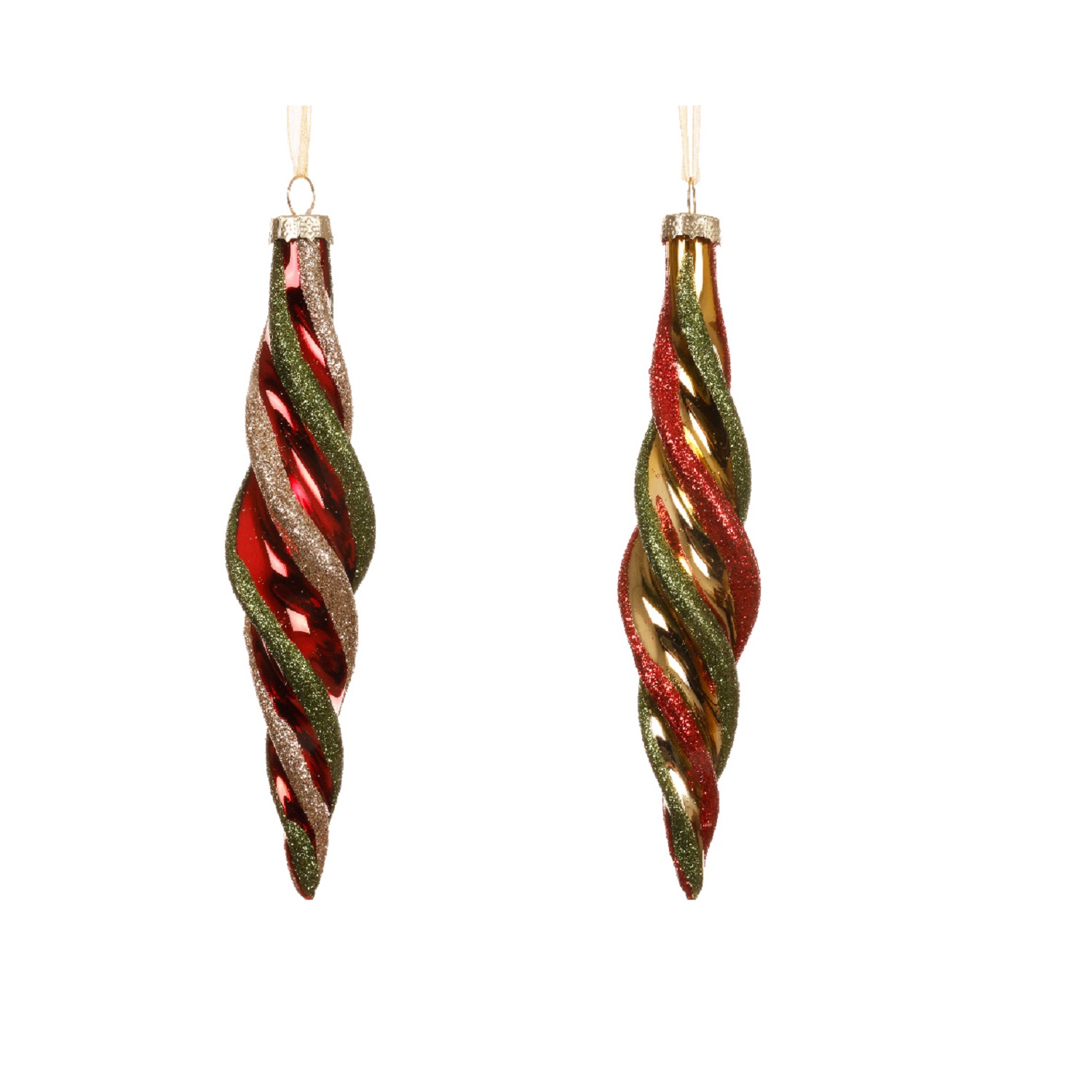 Декор Сосулька стекло золотая с красными/зелеными завитками 16см 2 в ассорт