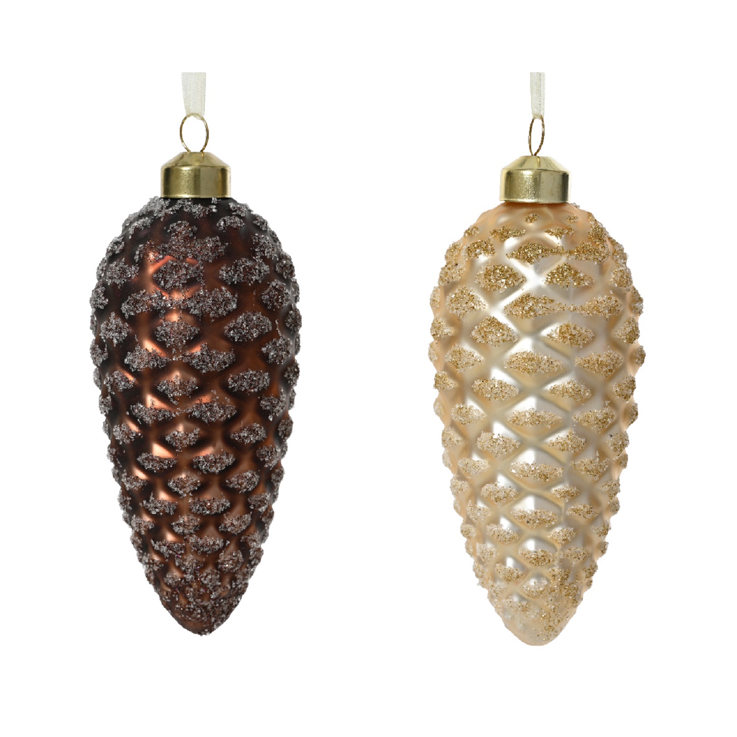 Декор Шишка стекло жемчужная/коричневая матовая с прозрачным бисером 12х6см 2 в ассорт