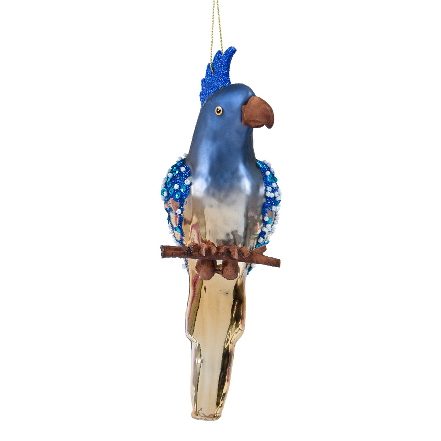Декор Попугай стекло сине-золотистый с бисером и пайетками d6х18см