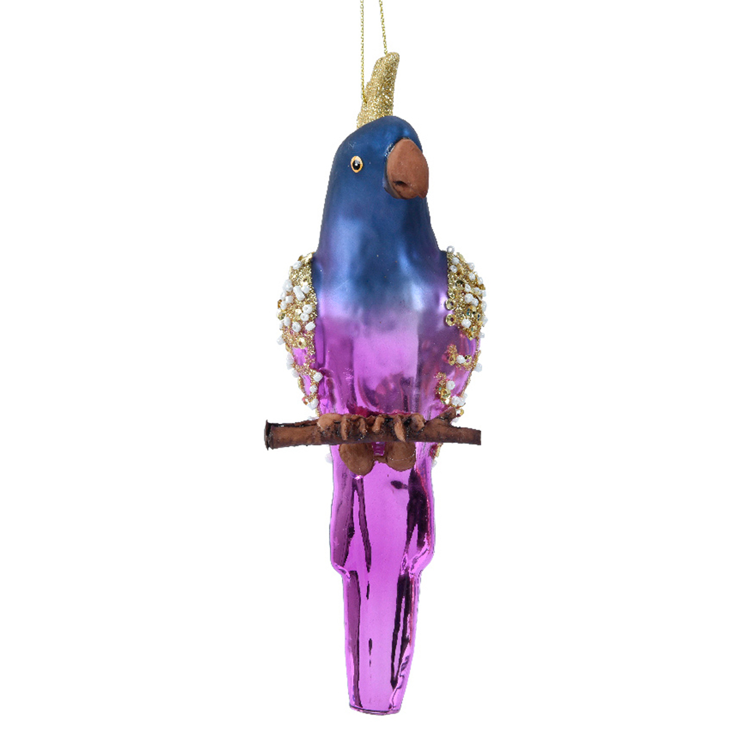 Декор Попугай стекло сине-лиловый с бисером и пайетками d6х18см