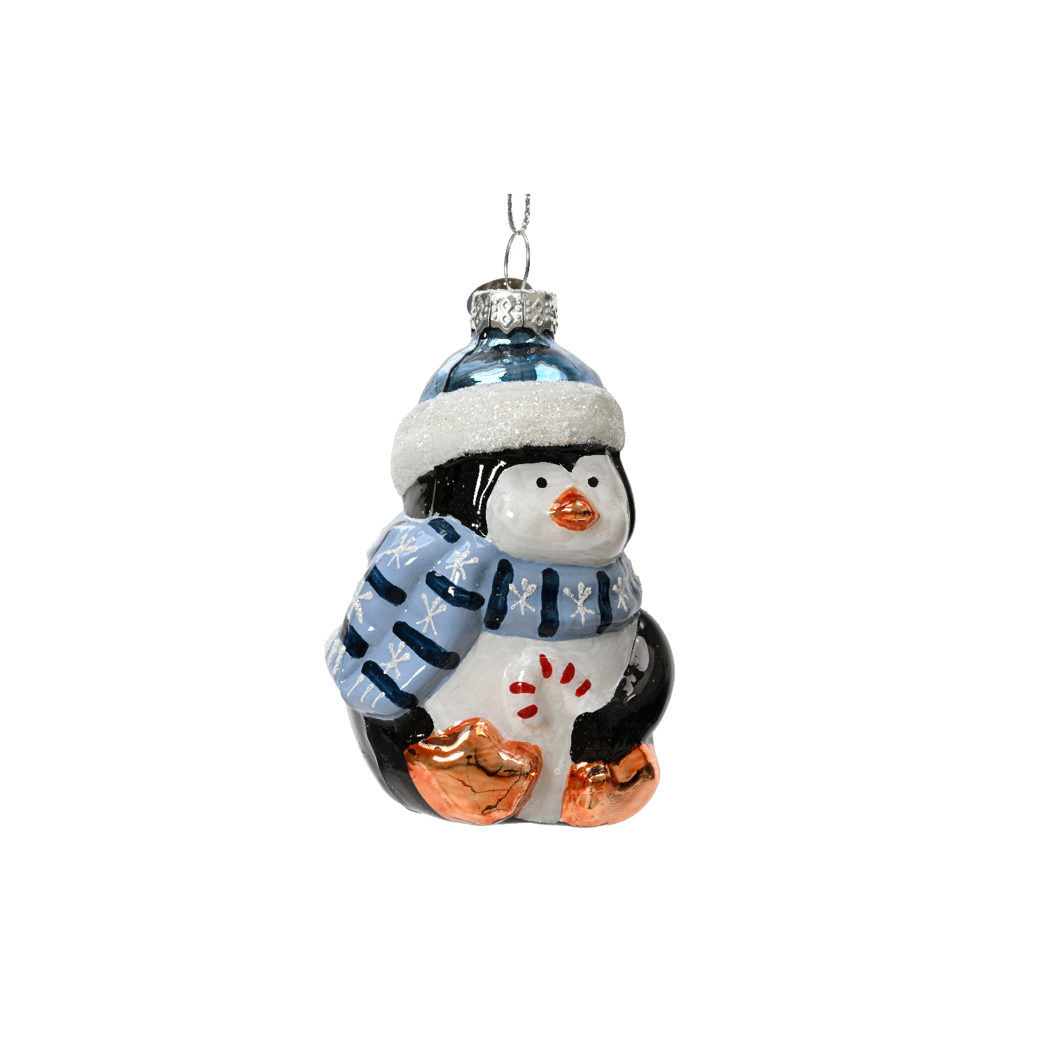 Декор Пингвиненок с леденцом стекло с голубыми шарфом и шапкой d6,5х10см