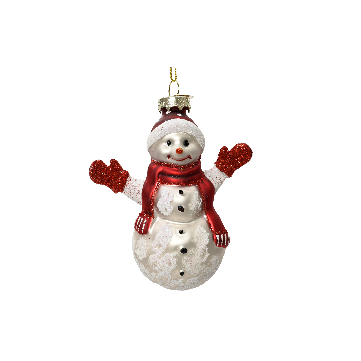 Декор Снеговик стекло с красными шарфом шапкой и рукавичками с блеском 5х9х10,5см