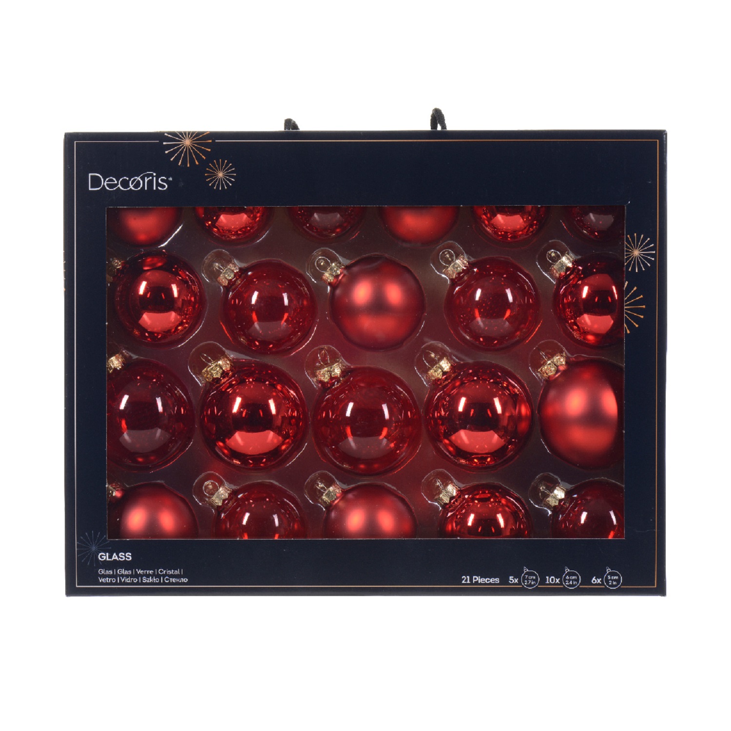 Шар стекло красный глянцевый/матовый/прозрачный d5/6/7см  21шт/уп