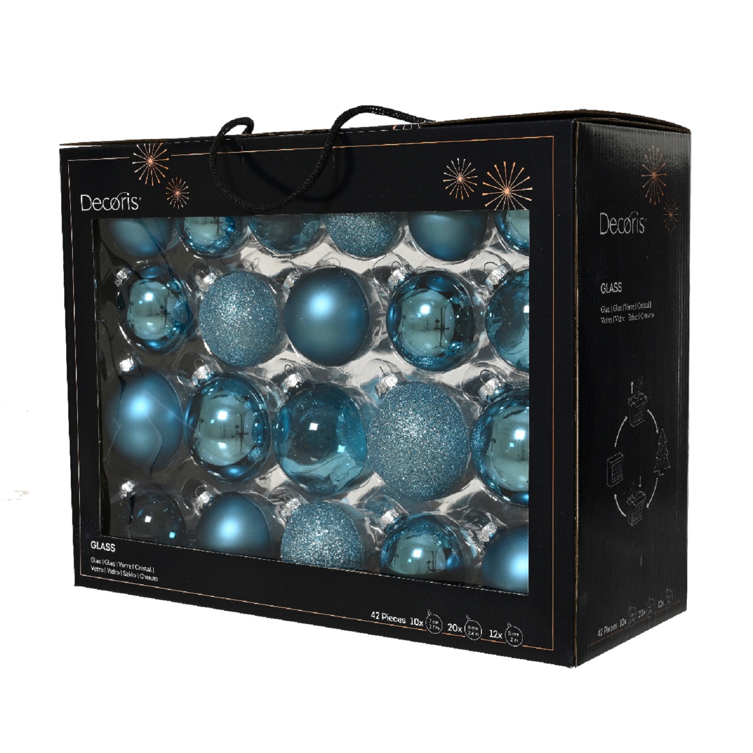 Шар стекло бирюзовый глянцевый/матовый/прозрачный d5/6/7см 42шт/уп