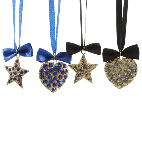 Декор Подвеска Звезда/Сердце металл золото с синими стразами 7х10см 2 в ассорт
