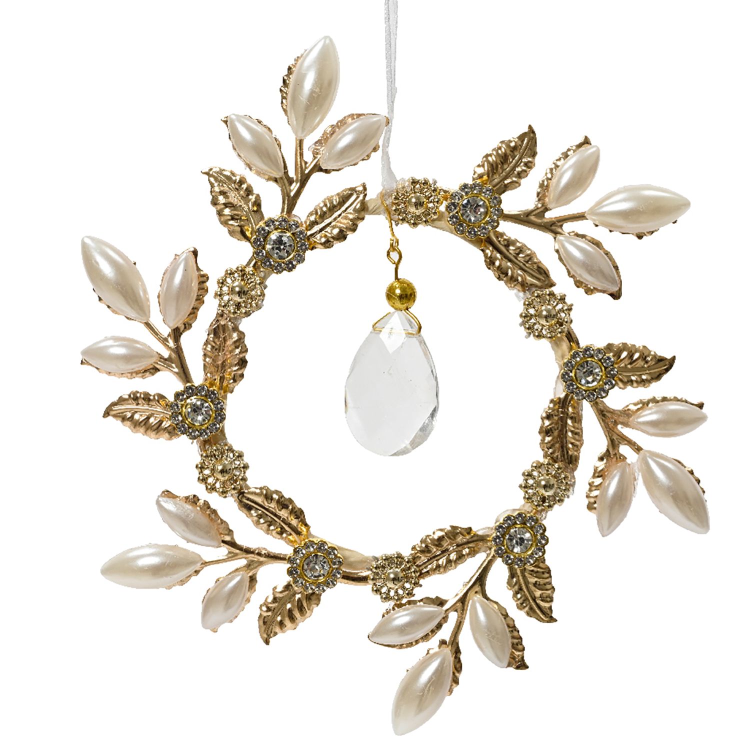 Декор Подвеска с камнем акрил золотистая со стразами и перламутровыми листьями d12см