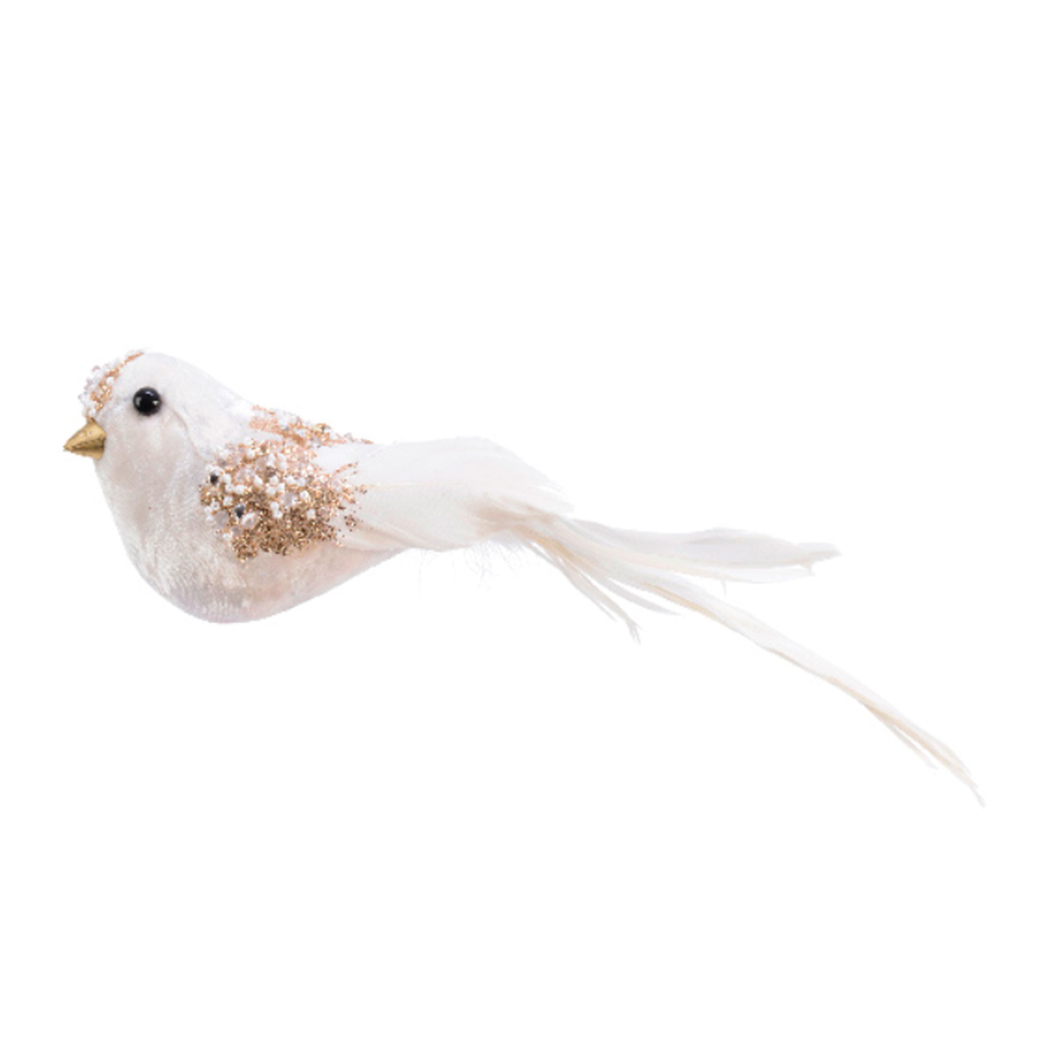 Декор Птица из бархата белая с хвостом из перьев на клипсе 5х5х24см