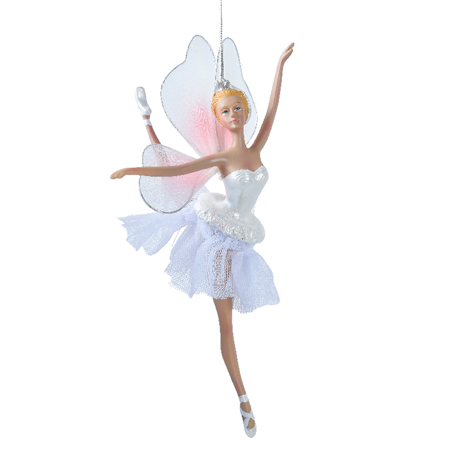 Декор Фея-балерина в серебристо-белом платье с крылышками из органзы 4х8х17см