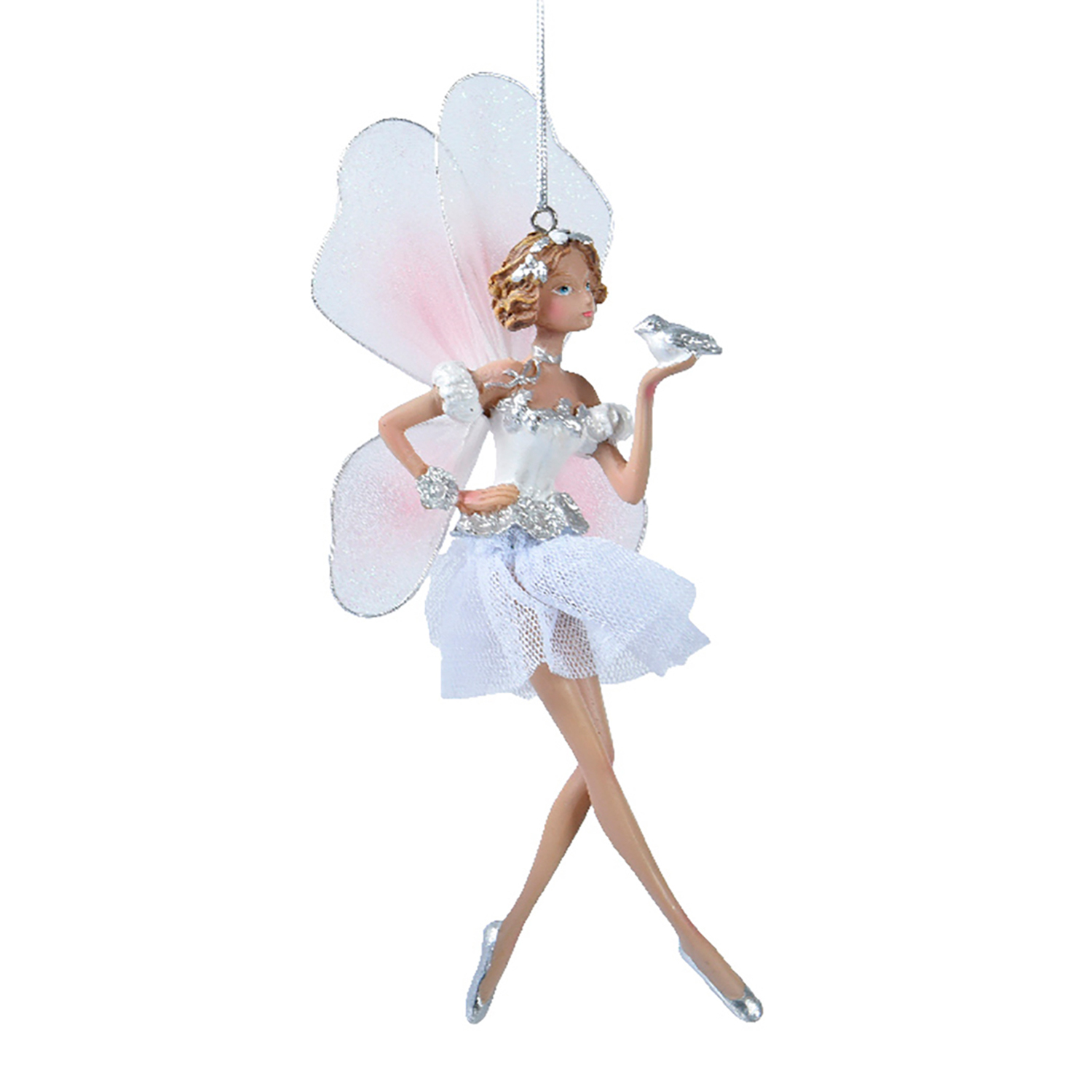 Декор Фея-балерина в серебристо-белом платье с крылышками из органзы с птичкой 4х8х17см