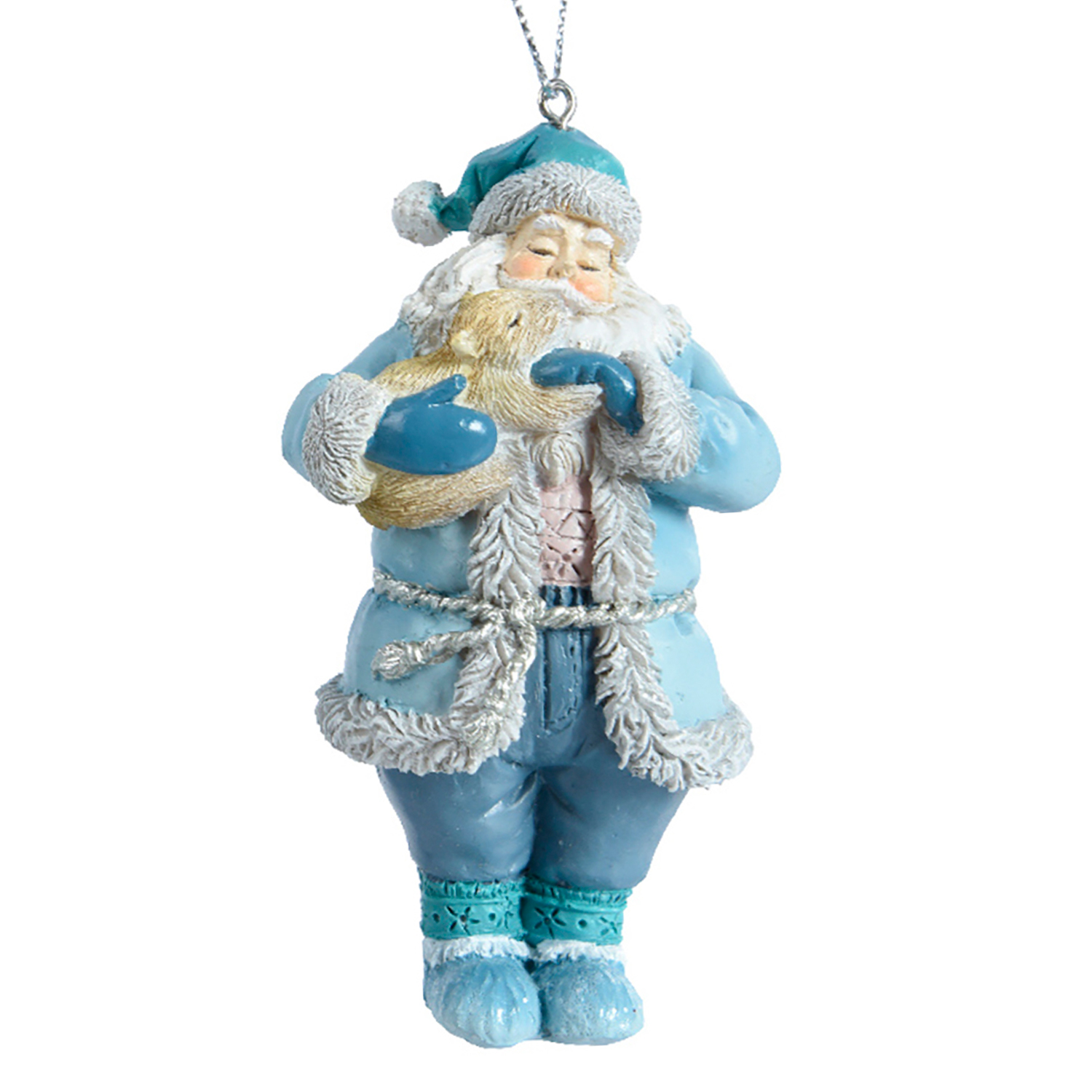 Декор Санта в голубом тулупе с белым медвежонком 5х5,5х10см