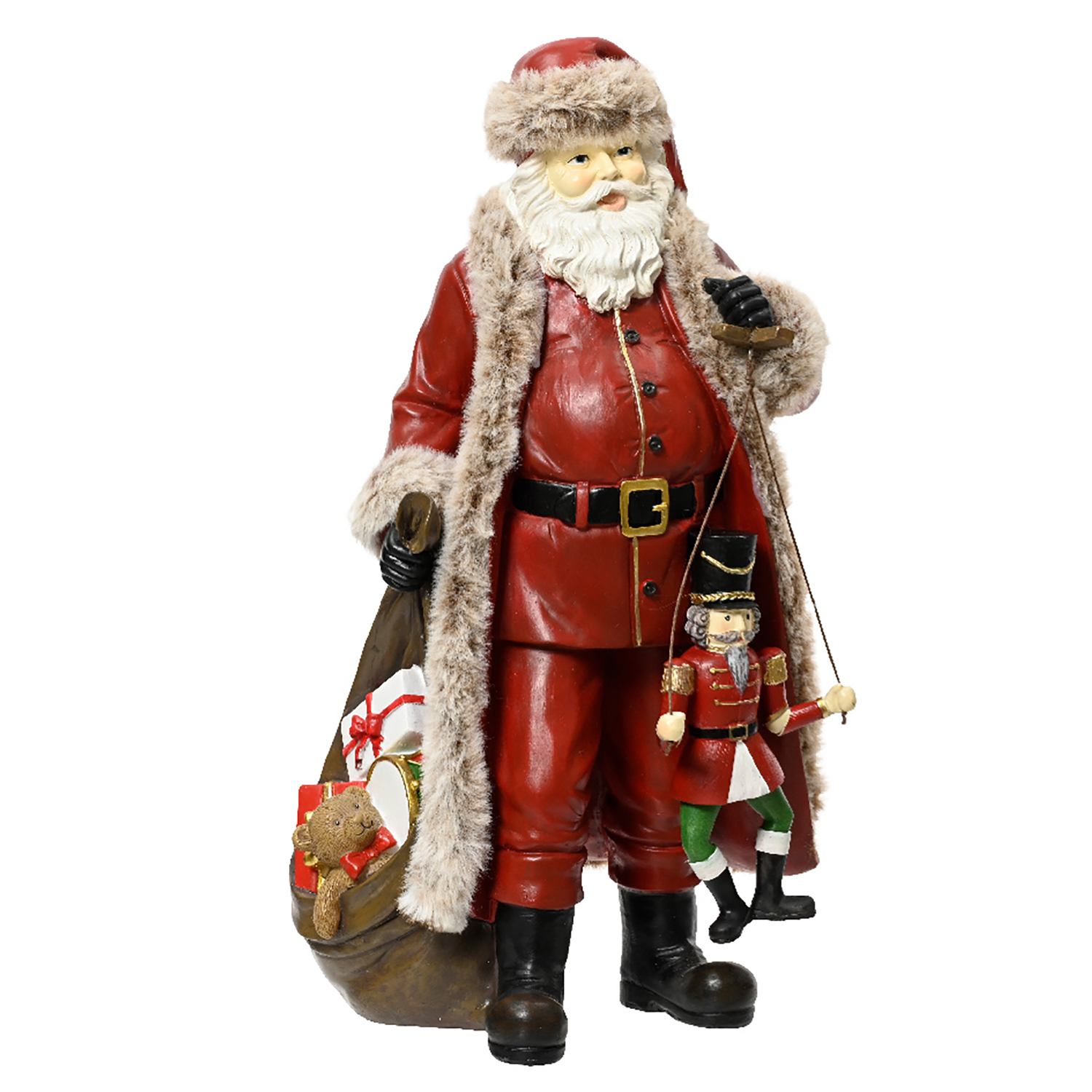 Декорация Санта в красном с куклой Щелкунчика и с мешком подарков 15,7х17,4х38см