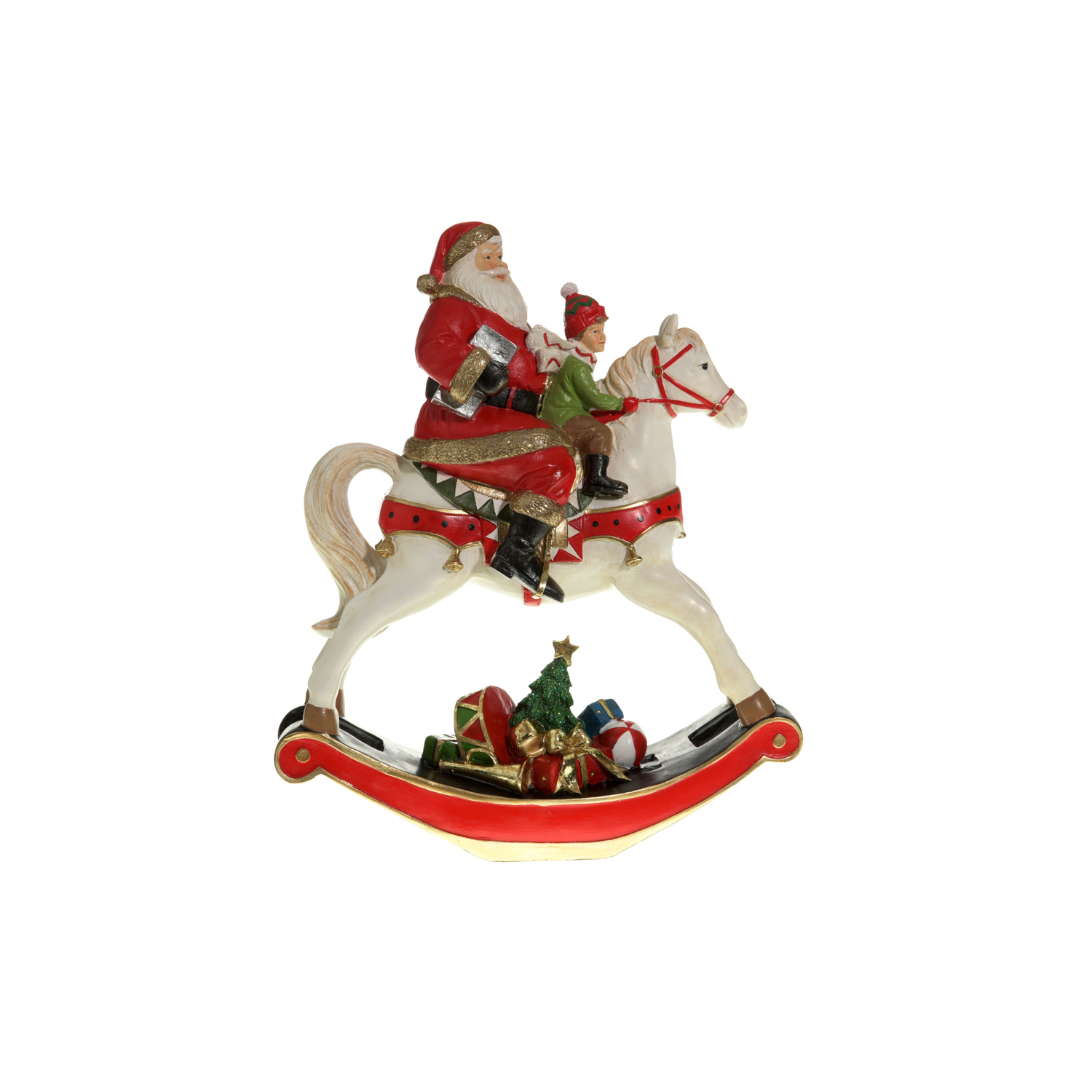 Декорация Санта в красном с мальчиком на белой лошадке-качалке 29х11х34