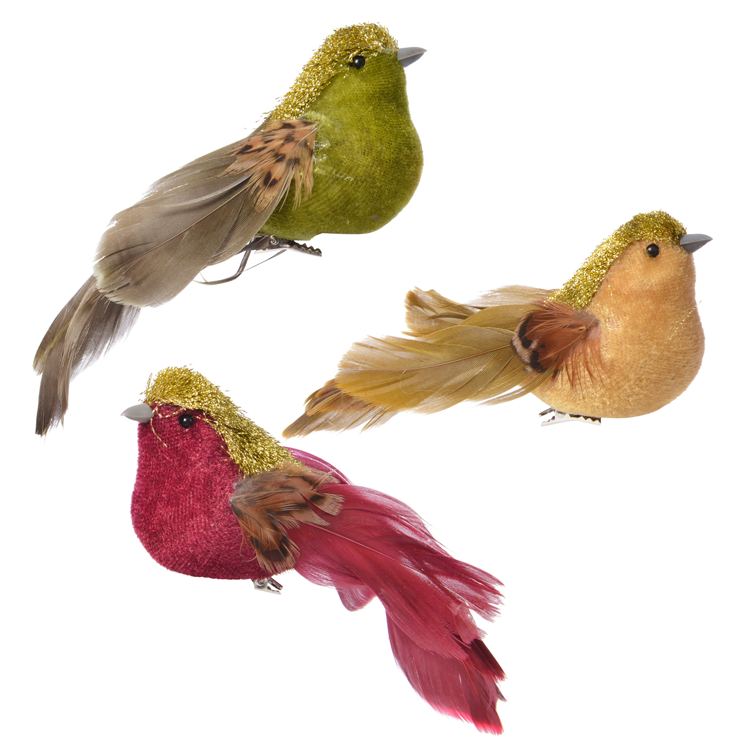 Декор Птица из бархата зеленая/бордовая/золотая 15см  3 в ассорт