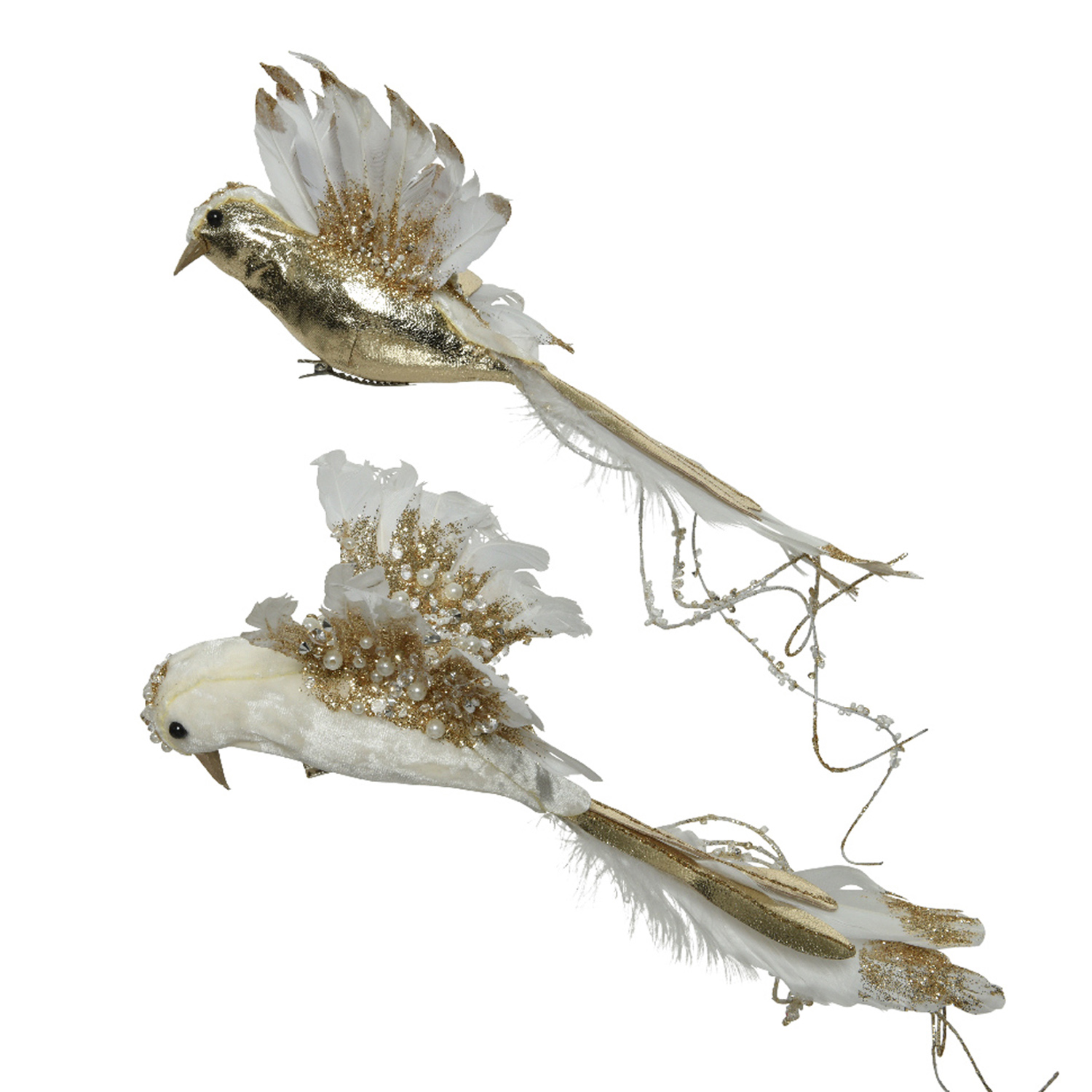 Декор Птица бело-золотая с хвостом из перьев 40см 2 в ассорт