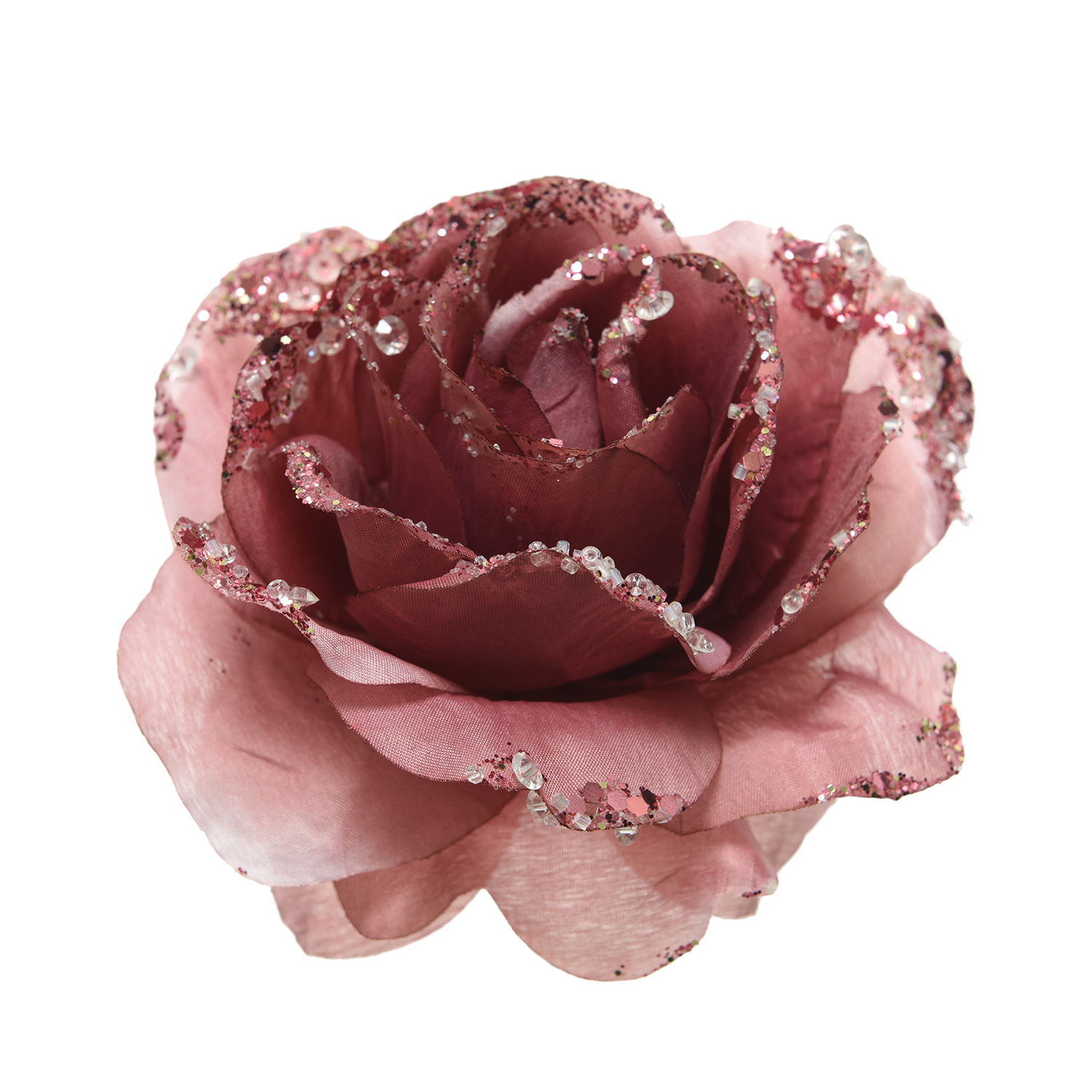 Декор Роза вельвет розовый с блеском на клипсе 14см