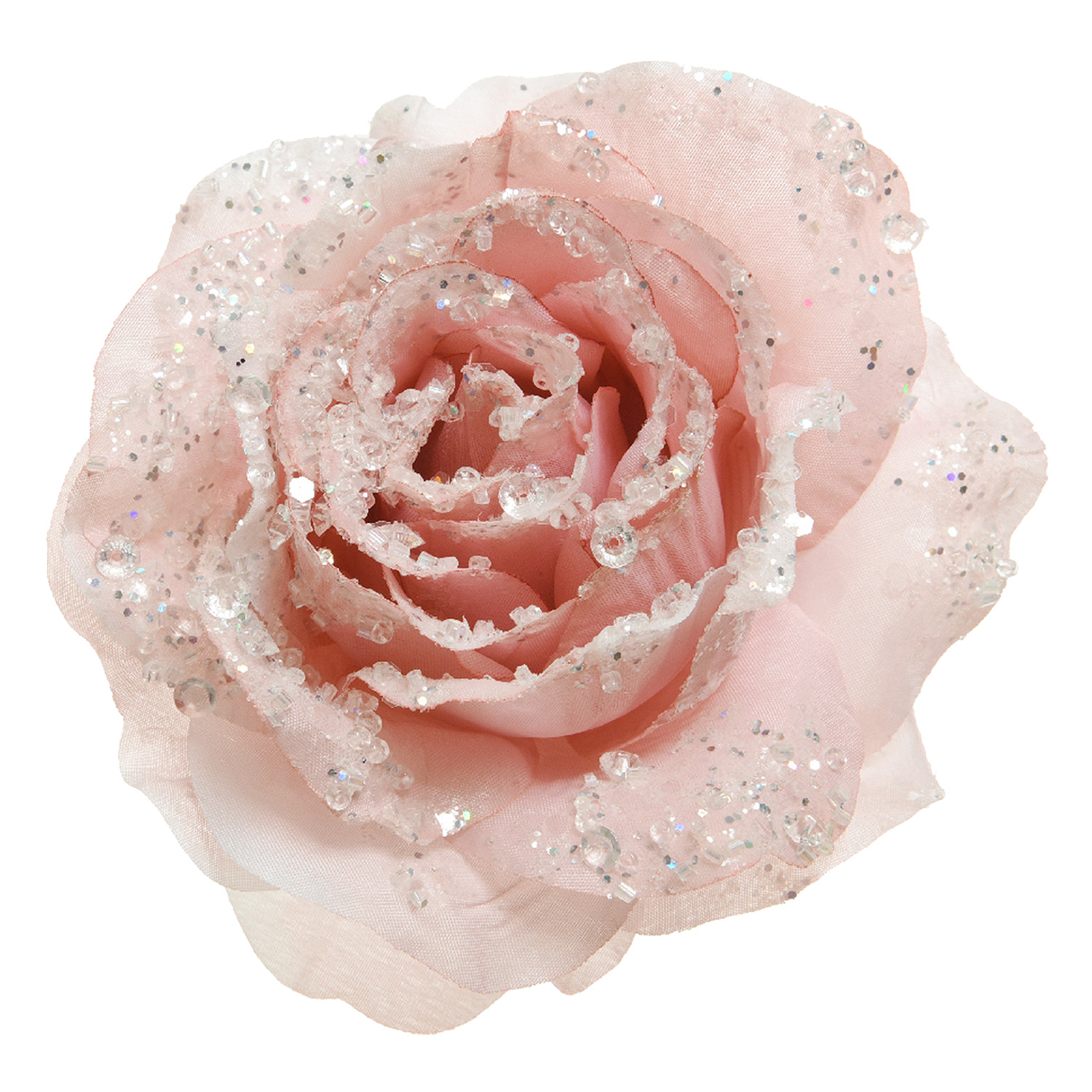 Декор Роза светло-розовая с блеском на клипсе d 14см