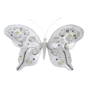 Декор Бабочка бархатная 20x15см белая с искусственным жемчугом Ka