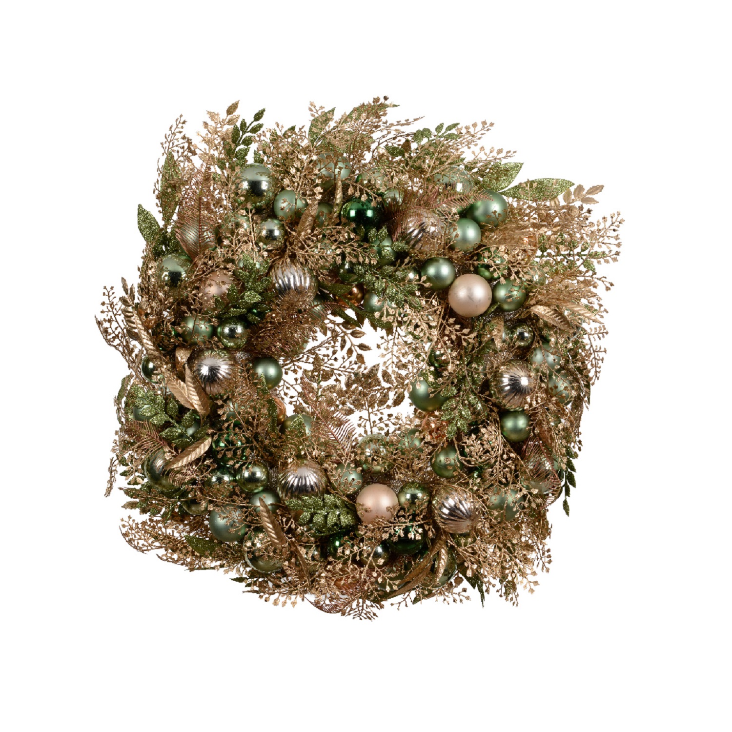 Венок d70см с золотыми и зелеными шарами и веточками