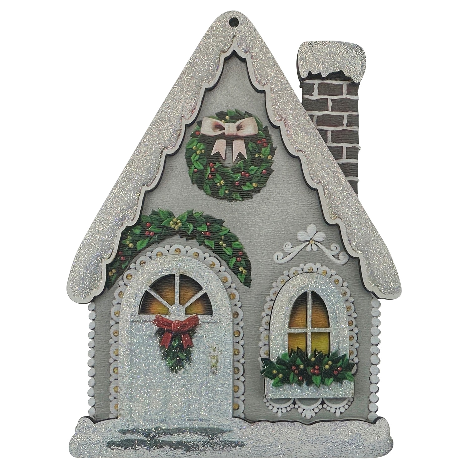 Декор Домик серый с веночком 8,5х11х0,6см