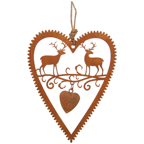 Декор Сердце металлич  с оленями коричневое 12см