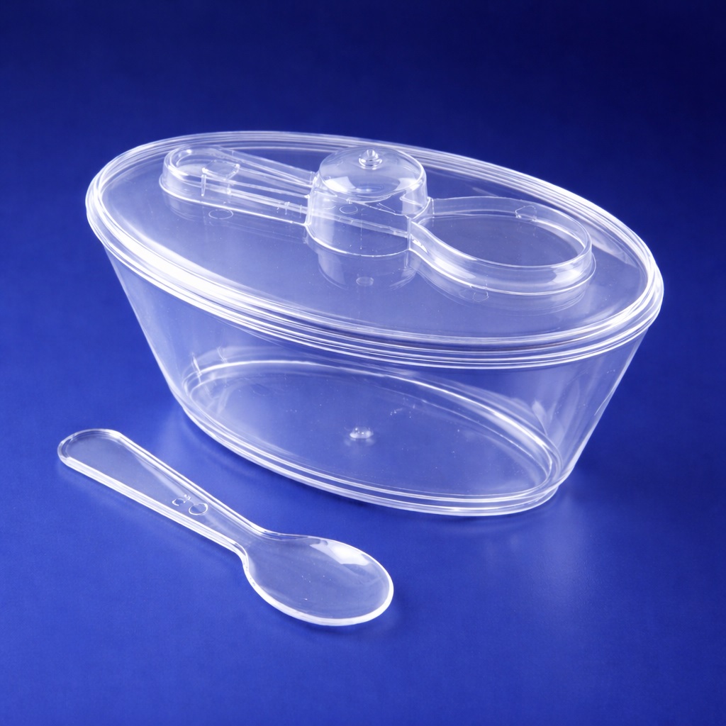 Мини-сервиз креманка овальная с крышкой и ложкой 10,0х6,0х6,1см 50 мл  24шт/уп